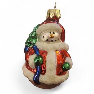 Vintage Glass Snowman Ornament with Santa Coat, Tree & Glitter Accents